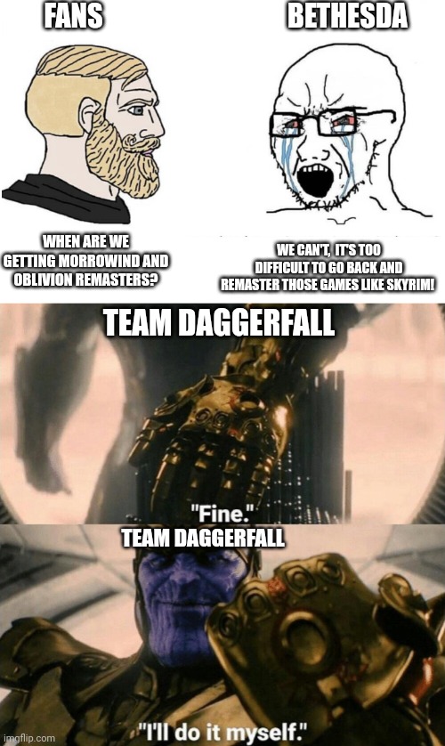 FANS; BETHESDA; WE CAN'T,  IT'S TOO DIFFICULT TO GO BACK AND REMASTER THOSE GAMES LIKE SKYRIM! WHEN ARE WE GETTING MORROWIND AND OBLIVION REMASTERS? TEAM DAGGERFALL; TEAM DAGGERFALL | image tagged in fine i'll do it myself | made w/ Imgflip meme maker