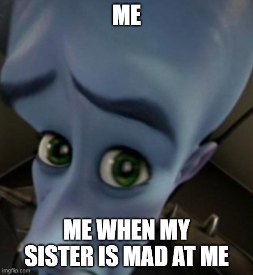 Megamind no bitches | ME; ME WHEN MY SISTER IS MAD AT ME | image tagged in megamind no bitches | made w/ Imgflip meme maker