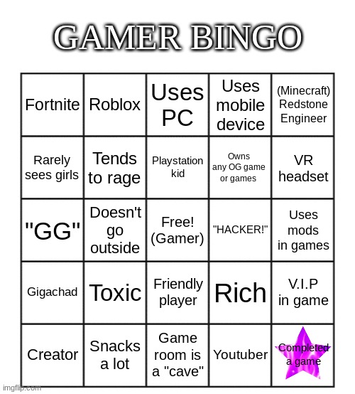 New template, will post a link to caption it | GAMER BINGO; Roblox; Uses PC; (Minecraft) Redstone Engineer; Fortnite; Uses mobile device; Tends to rage; Playstation kid; Owns any OG game or games; Rarely sees girls; VR headset; Doesn't go outside; "GG"; "HACKER!"; Uses mods in games; Free!
(Gamer); Toxic; Friendly player; Gigachad; Rich; V.I.P in game; Creator; Snacks a lot; Game room is a "cave"; Youtuber; Completed a game | image tagged in templates | made w/ Imgflip meme maker