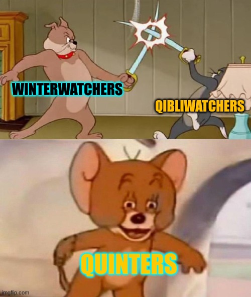 Tom and Jerry swordfight | WINTERWATCHERS; QIBLIWATCHERS; QUINTERS | image tagged in tom and jerry swordfight | made w/ Imgflip meme maker