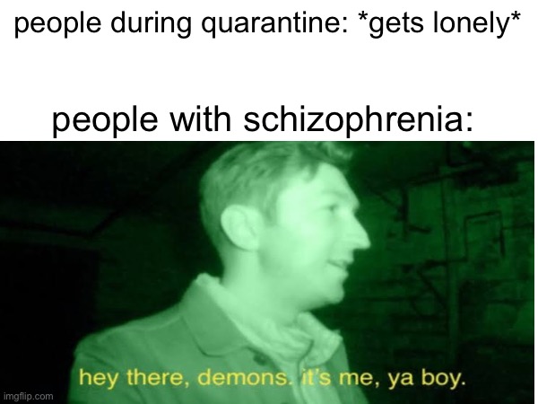 hey there | people during quarantine: *gets lonely*; people with schizophrenia: | image tagged in schizophrenia,memes,unfunny | made w/ Imgflip meme maker