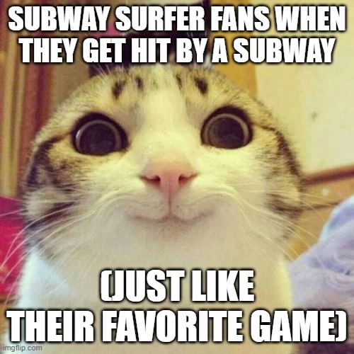 subway smurfs | SUBWAY SURFER FANS WHEN THEY GET HIT BY A SUBWAY; (JUST LIKE THEIR FAVORITE GAME) | image tagged in memes,smiling cat | made w/ Imgflip meme maker