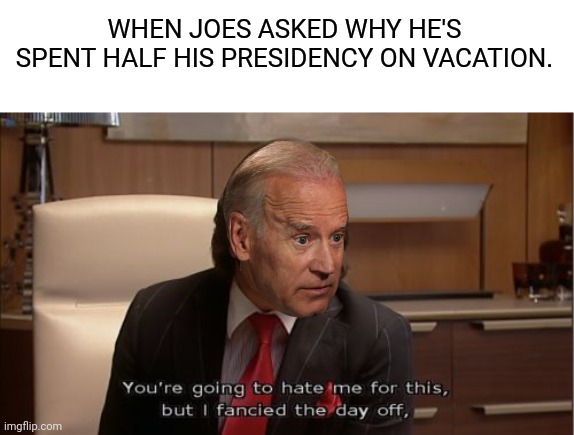 Vacation is all he ever wanted | WHEN JOES ASKED WHY HE'S SPENT HALF HIS PRESIDENCY ON VACATION. | image tagged in joe biden,vacation,it crowd | made w/ Imgflip meme maker