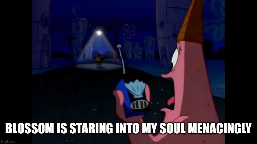Patrick "He's just standing here Menacingly" | BLOSSOM IS STARING INTO MY SOUL MENACINGLY | image tagged in patrick he's just standing here menacingly | made w/ Imgflip meme maker