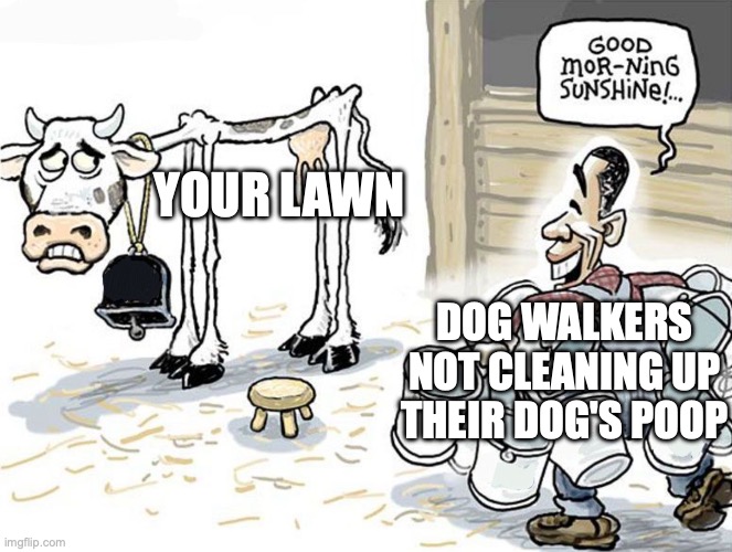 Dog walkers and your lawn |  YOUR LAWN; DOG WALKERS NOT CLEANING UP THEIR DOG'S POOP | image tagged in milking the cow | made w/ Imgflip meme maker