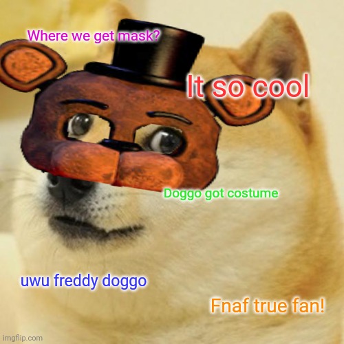 No title | Where we get mask? It so cool; Doggo got costume; uwu freddy doggo; Fnaf true fan! | made w/ Imgflip meme maker