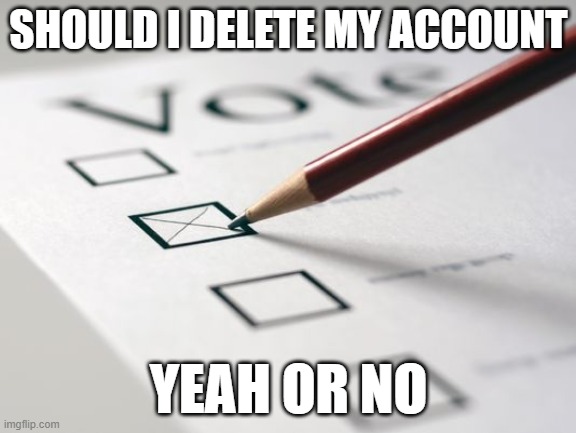 pls help | SHOULD I DELETE MY ACCOUNT; YEAH OR NO | image tagged in voting ballot | made w/ Imgflip meme maker