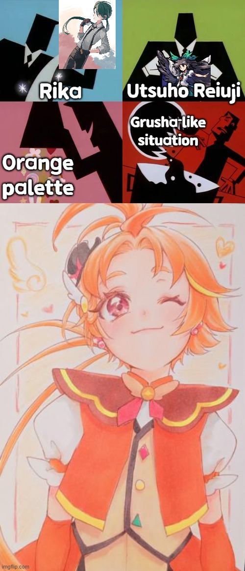Another way to look at your favourite magical girl anime series. | Rika; Utsuho Reiuji; Grusha-like situation; Orange palette | image tagged in powerpuff girls creation,animeme,anime memes,fusion,oh wow are you actually reading these tags,stop reading the tags | made w/ Imgflip meme maker