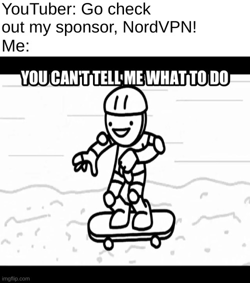 No | YouTuber: Go check out my sponsor, NordVPN! Me: | image tagged in what do i even put here,why are you reading the tags,stop reading the tags,please | made w/ Imgflip meme maker