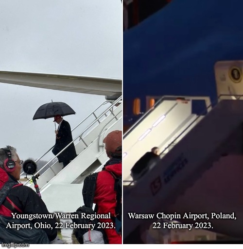The Patriot vs. The Globalist — Trump vs. Biden. | Warsaw Chopin Airport, Poland, 
22 February 2023. Youngstown/Warren Regional Airport, Ohio, 22 February 2023. | image tagged in president trump,donald trump,joe biden,biden,patriot,globalist | made w/ Imgflip meme maker
