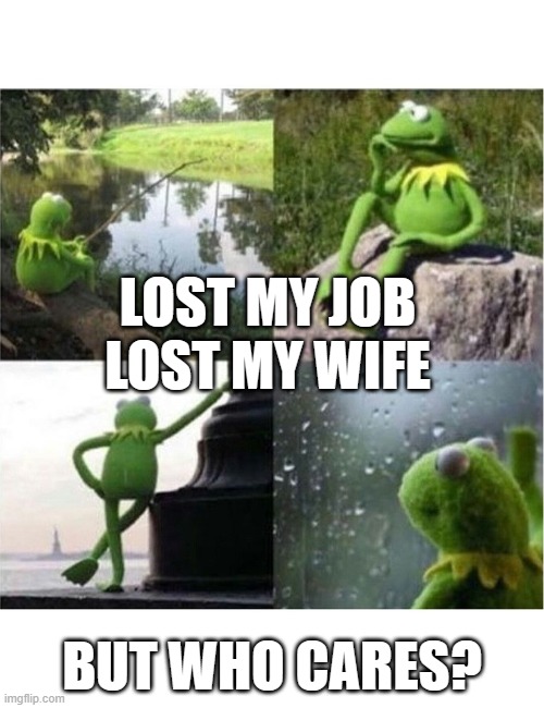 kermit life | LOST MY JOB
LOST MY WIFE; BUT WHO CARES? | image tagged in blank kermit waiting | made w/ Imgflip meme maker