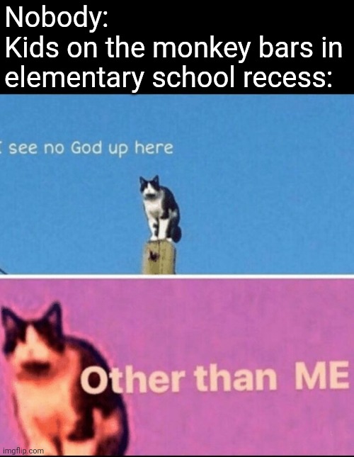 Didn't post bc of a typo | Nobody:
Kids on the monkey bars in elementary school recess: | image tagged in i see no god up here other than me | made w/ Imgflip meme maker