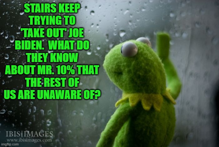 I am starting to wonder. | STAIRS KEEP TRYING TO 'TAKE OUT' JOE BIDEN.  WHAT DO THEY KNOW ABOUT MR. 10% THAT THE REST OF US ARE UNAWARE OF? | image tagged in kermit window | made w/ Imgflip meme maker