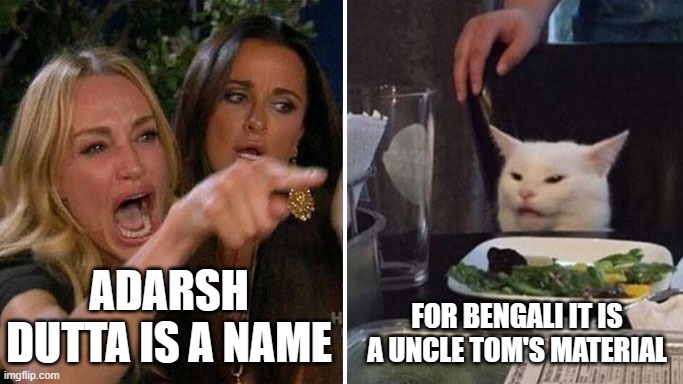 Angry lady cat | ADARSH DUTTA IS A NAME; FOR BENGALI IT IS A UNCLE TOM'S MATERIAL | image tagged in angry lady cat | made w/ Imgflip meme maker