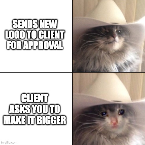 Cowboy Cat - make my logo bigger | SENDS NEW LOGO TO CLIENT FOR APPROVAL; CLIENT ASKS YOU TO MAKE IT BIGGER | image tagged in cat,cowboy hat | made w/ Imgflip meme maker