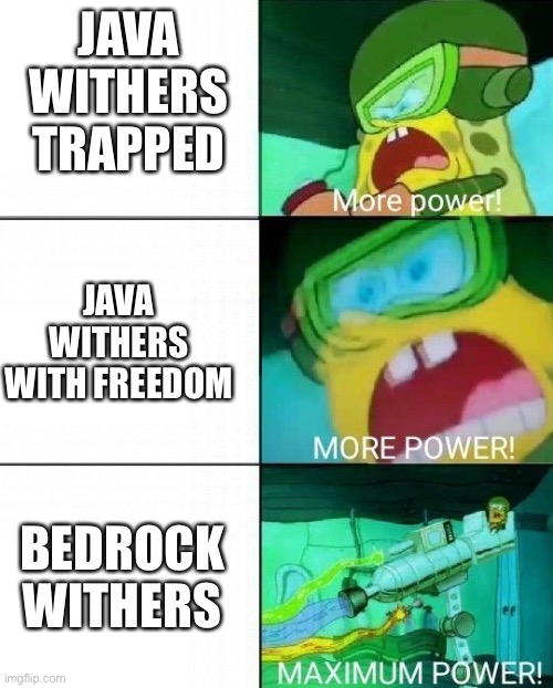 Wither Power | JAVA WITHERS TRAPPED; JAVA WITHERS WITH FREEDOM; BEDROCK WITHERS | image tagged in spongebob more power | made w/ Imgflip meme maker