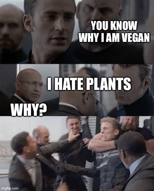 Captain america elevator | YOU KNOW WHY I AM VEGAN; I HATE PLANTS; WHY? | image tagged in captain america elevator | made w/ Imgflip meme maker