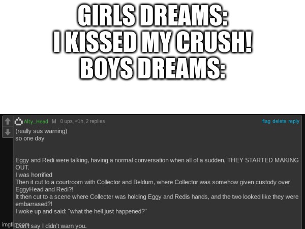 yes | GIRLS DREAMS: I KISSED MY CRUSH!
BOYS DREAMS: | made w/ Imgflip meme maker