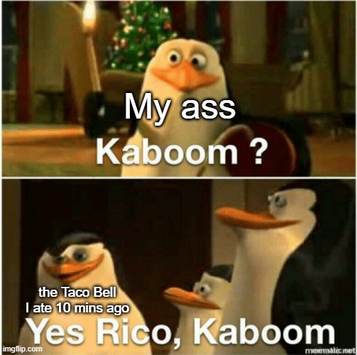 The toilet: | My ass; the Taco Bell I ate 10 mins ago | image tagged in kaboom yes rico kaboom | made w/ Imgflip meme maker