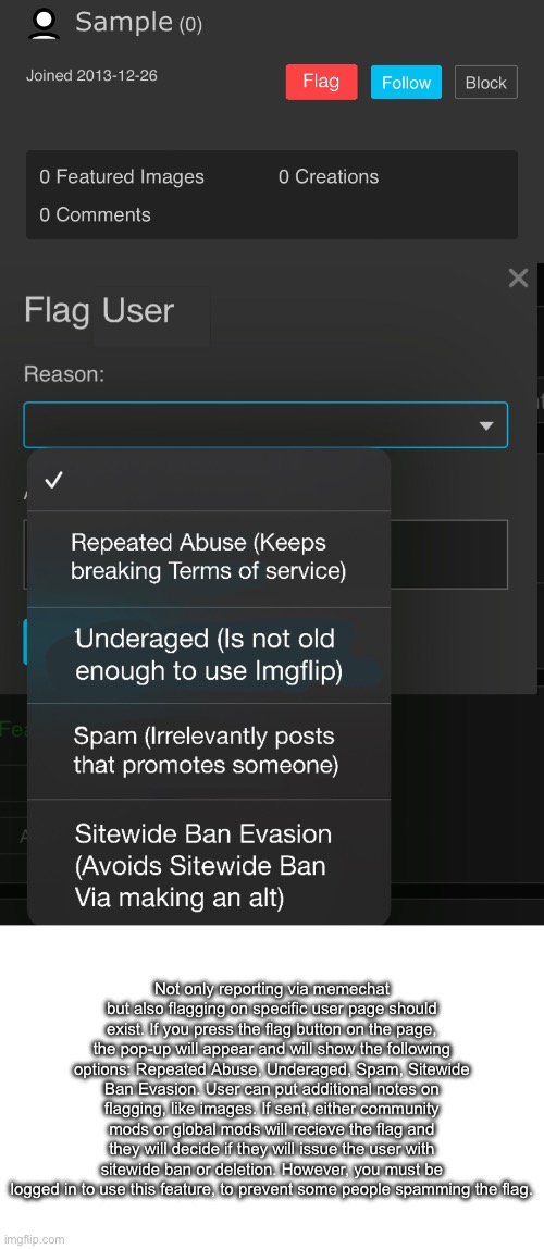 Not only reporting via memechat but also flagging on specific user page should exist. If you press the flag button on the page, the pop-up will appear and will show the following options: Repeated Abuse, Underaged, Spam, Sitewide Ban Evasion. User can put additional notes on flagging, like images. If sent, either community mods or global mods will recieve the flag and they will decide if they will issue the user with sitewide ban or deletion. However, you must be logged in to use this feature, to prevent some people spamming the flag. | made w/ Imgflip meme maker