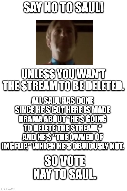 Say no, to Saul! | SAY NO TO SAUL! UNLESS YOU WAN'T THE STREAM TO BE DELETED. ALL SAUL HAS DONE SINCE HE'S GOT HERE IS MADE DRAMA ABOUT "HE'S GOING TO DELETE THE STREAM," AND HE'S "THE OWNER OF IMGFLIP," WHICH HE'S OBVIOUSLY NOT. SO VOTE NAY TO SAUL. | image tagged in blank white template,memes,president,vice president,vote,saul | made w/ Imgflip meme maker