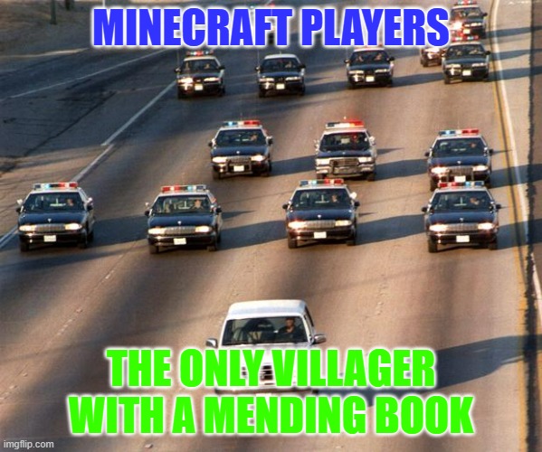 OJ Simpson Police Chase | MINECRAFT PLAYERS; THE ONLY VILLAGER WITH A MENDING BOOK | image tagged in oj simpson police chase | made w/ Imgflip meme maker