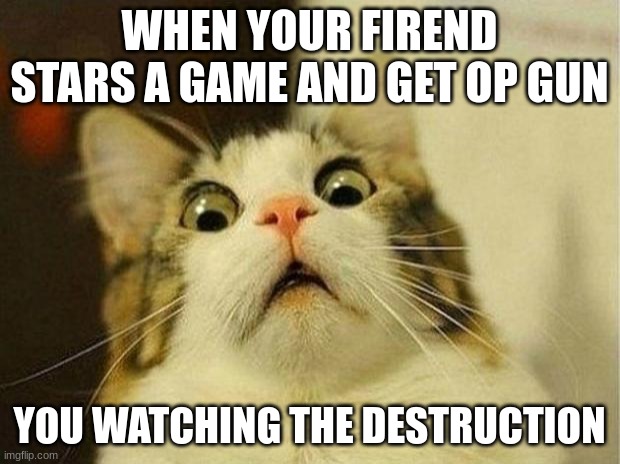 Scared Cat | WHEN YOUR FIREND STARS A GAME AND GET OP GUN; YOU WATCHING THE DESTRUCTION | image tagged in memes,scared cat | made w/ Imgflip meme maker