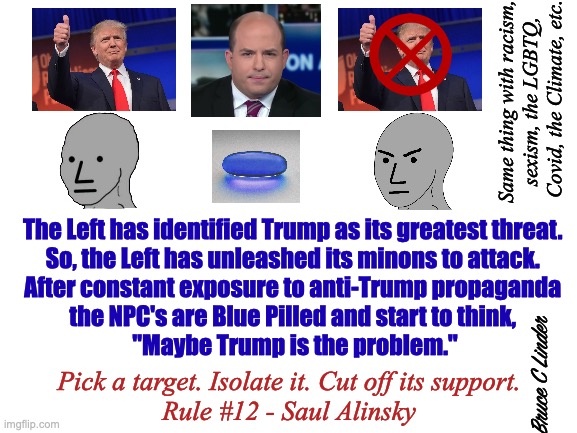 Blue Pilled | Same thing with racism, 
sexism, the LGBTQ, 
Covid, the Climate, etc. The Left has identified Trump as its greatest threat. 
So, the Left has unleashed its minons to attack. 
After constant exposure to anti-Trump propaganda 
the NPC's are Blue Pilled and start to think, 
"Maybe Trump is the problem."; Pick a target. Isolate it. Cut off its support.
Rule #12 - Saul Alinsky; Bruce C Linder | image tagged in djt,the media,flying monkeys,npc's,blue pill,minions | made w/ Imgflip meme maker