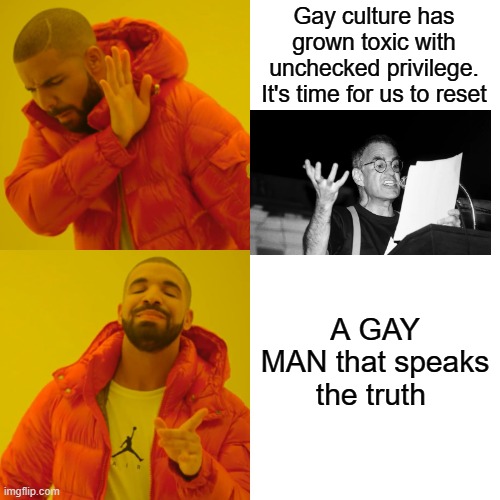 Hes right | Gay culture has grown toxic with unchecked privilege. It's time for us to reset; A GAY MAN that speaks the truth | image tagged in memes,drake hotline bling | made w/ Imgflip meme maker