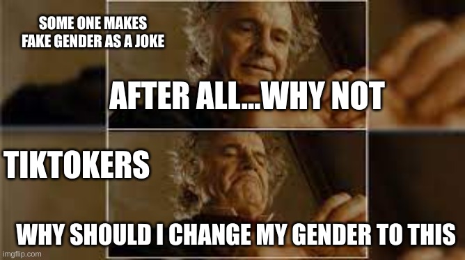 tiktok be like | SOME ONE MAKES FAKE GENDER AS A JOKE; AFTER ALL...WHY NOT; TIKTOKERS; WHY SHOULD I CHANGE MY GENDER TO THIS | image tagged in tiktok | made w/ Imgflip meme maker