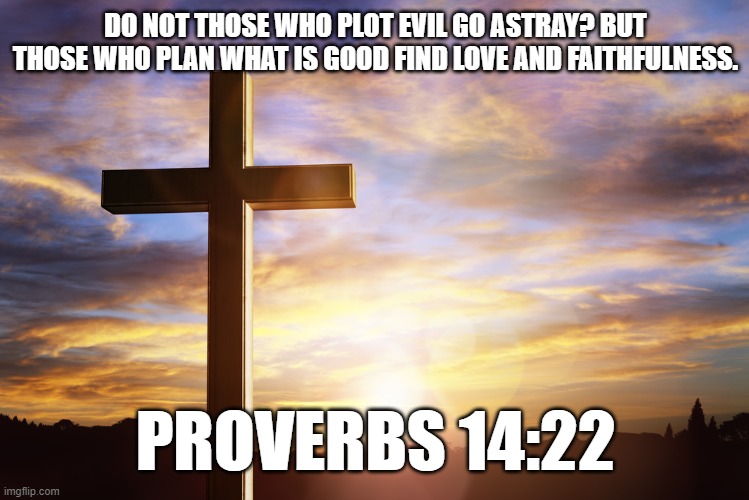 Bible Verse of the Day | DO NOT THOSE WHO PLOT EVIL GO ASTRAY? BUT THOSE WHO PLAN WHAT IS GOOD FIND LOVE AND FAITHFULNESS. PROVERBS 14:22 | image tagged in bible verse of the day | made w/ Imgflip meme maker