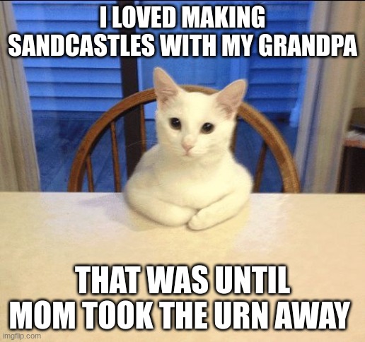 i tried my best at dark humor | I LOVED MAKING SANDCASTLES WITH MY GRANDPA; THAT WAS UNTIL MOM TOOK THE URN AWAY | image tagged in sit down human,dark humor,dark,humor | made w/ Imgflip meme maker