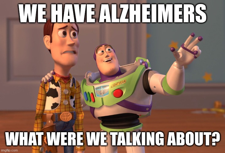 X, X Everywhere | WE HAVE ALZHEIMERS; WHAT WERE WE TALKING ABOUT? | image tagged in memes,x x everywhere | made w/ Imgflip meme maker