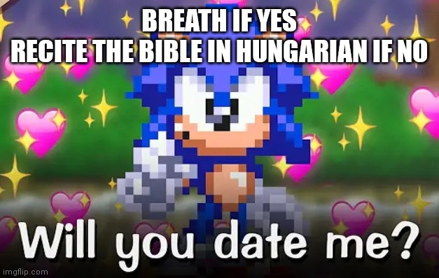 Will you date me? | BREATH IF YES
RECITE THE BIBLE IN HUNGARIAN IF NO | image tagged in will you date me | made w/ Imgflip meme maker