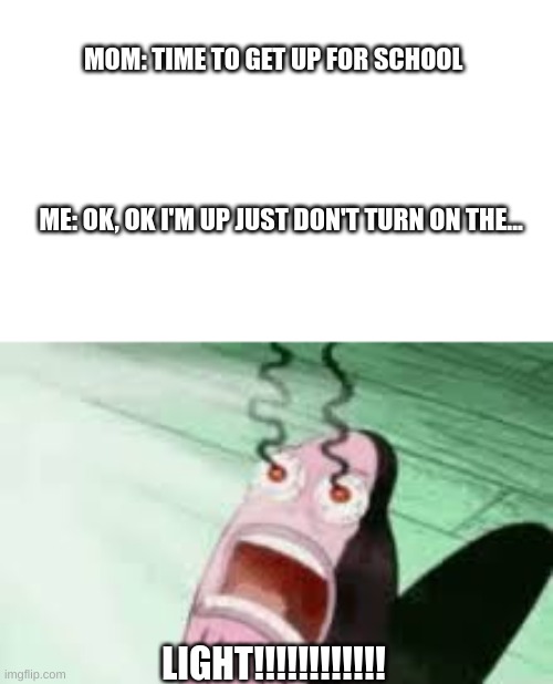 Why do they do this? | MOM: TIME TO GET UP FOR SCHOOL                                   
 
                                                                                   
   ME: OK, OK I'M UP JUST DON'T TURN ON THE... LIGHT!!!!!!!!!!!! | image tagged in burning | made w/ Imgflip meme maker