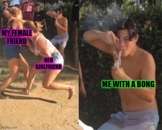 me watching girls fight | MY FEMALE FRIEND; HER GIRLFRIEND; ME WITH A BONG | image tagged in two girls fighting,weed | made w/ Imgflip meme maker