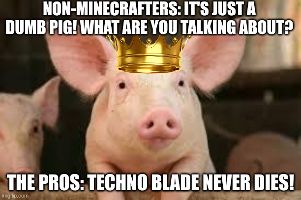 Techno Blade Never Dies!!!! | NON-MINECRAFTERS: IT'S JUST A DUMB PIG! WHAT ARE YOU TALKING ABOUT? THE PROS: TECHNO BLADE NEVER DIES! | image tagged in pig | made w/ Imgflip meme maker