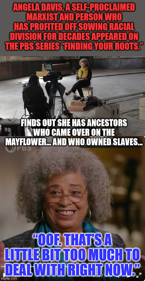 Nope... it definitely is not all black and white... | ANGELA DAVIS, A SELF-PROCLAIMED MARXIST AND PERSON WHO HAS PROFITED OFF SOWING RACIAL DIVISION FOR DECADES APPEARED ON THE PBS SERIES “FINDING YOUR ROOTS.”; FINDS OUT SHE HAS ANCESTORS WHO CAME OVER ON THE MAYFLOWER... AND WHO OWNED SLAVES... “OOF. THAT’S A LITTLE BIT TOO MUCH TO DEAL WITH RIGHT NOW.” | image tagged in dna,shocked | made w/ Imgflip meme maker