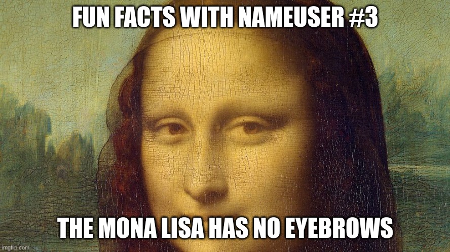 Will post daily fun facts | FUN FACTS WITH NAMEUSER #3; THE MONA LISA HAS NO EYEBROWS | image tagged in fun facts with nameuser | made w/ Imgflip meme maker