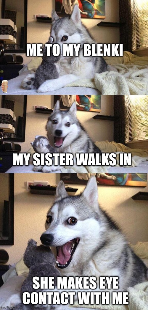 Bad Pun Dog | ME TO MY BLENKI; MY SISTER WALKS IN; SHE MAKES EYE CONTACT WITH ME | image tagged in memes,bad pun dog | made w/ Imgflip meme maker