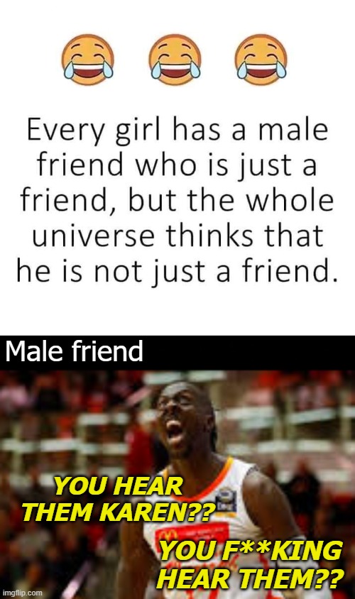 Yeah, just stop that. Do yourself dude (no pun intended) | Male friend; YOU HEAR THEM KAREN?? YOU F**KING HEAR THEM?? | image tagged in friendzone | made w/ Imgflip meme maker