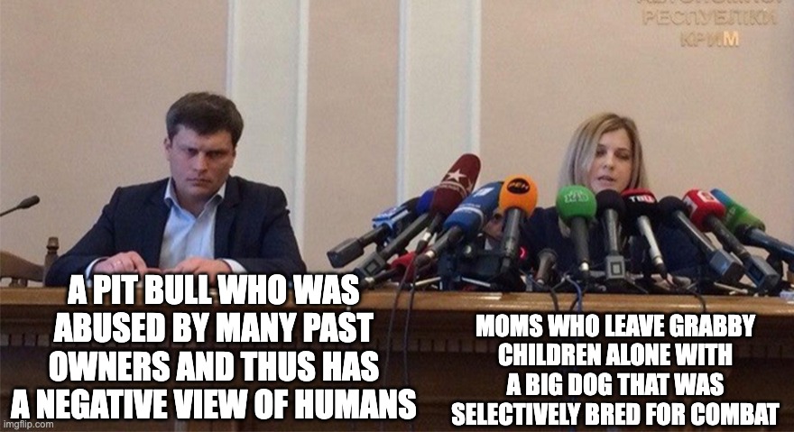 why is it always the dogs fault | A PIT BULL WHO WAS ABUSED BY MANY PAST OWNERS AND THUS HAS A NEGATIVE VIEW OF HUMANS; MOMS WHO LEAVE GRABBY CHILDREN ALONE WITH A BIG DOG THAT WAS SELECTIVELY BRED FOR COMBAT | image tagged in man and woman microphone,pit bull | made w/ Imgflip meme maker