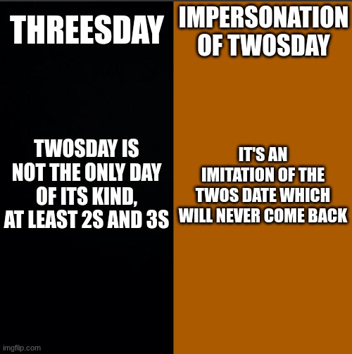 2/22/2022 vs 2/23/2023 | THREESDAY; IMPERSONATION OF TWOSDAY; IT'S AN IMITATION OF THE TWOS DATE WHICH WILL NEVER COME BACK; TWOSDAY IS NOT THE ONLY DAY OF ITS KIND, AT LEAST 2S AND 3S | image tagged in 2k31 world | made w/ Imgflip meme maker