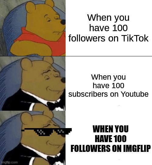 When you have 100 followers on TikTok; When you have 100 subscribers on Youtube; WHEN YOU HAVE 100 FOLLOWERS ON IMGFLIP | image tagged in memes,tuxedo winnie the pooh | made w/ Imgflip meme maker