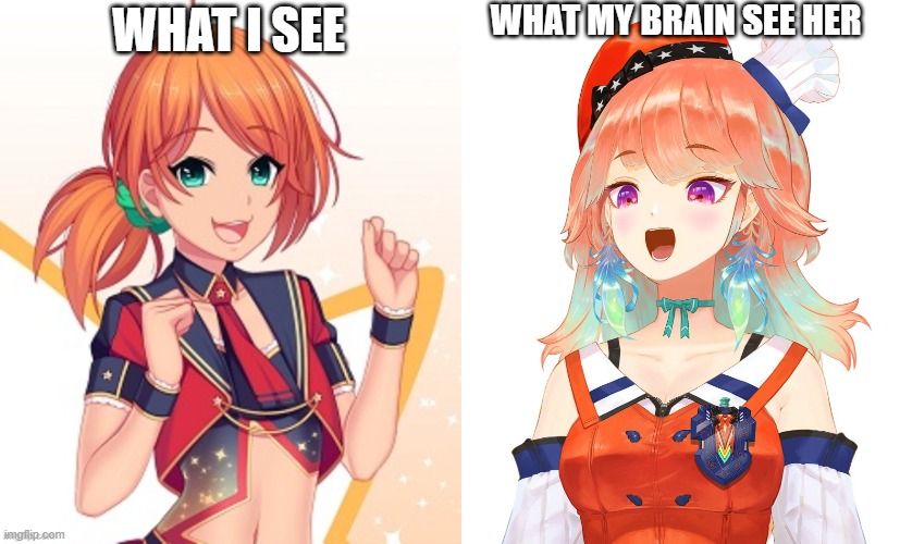 She's like Kiara but younger | WHAT MY BRAIN SEE HER; WHAT I SEE | image tagged in hololive | made w/ Imgflip meme maker