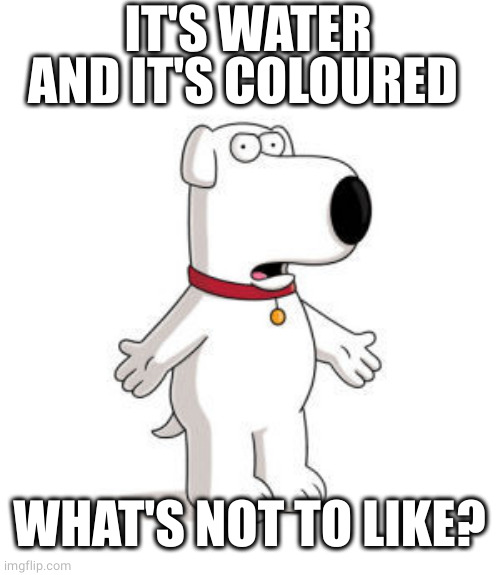 Family Guy Brian Meme | IT'S WATER AND IT'S COLOURED WHAT'S NOT TO LIKE? | image tagged in memes,family guy brian | made w/ Imgflip meme maker