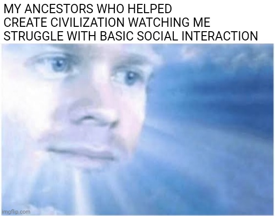 In heaven looking down | MY ANCESTORS WHO HELPED CREATE CIVILIZATION WATCHING ME STRUGGLE WITH BASIC SOCIAL INTERACTION | image tagged in in heaven looking down | made w/ Imgflip meme maker