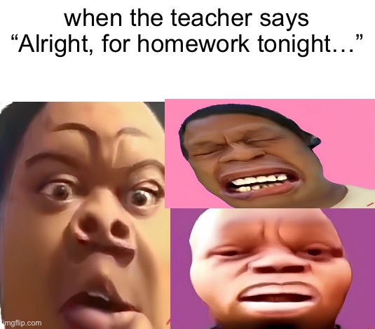 My first meme | when the teacher says
“Alright, for homework tonight…” | image tagged in funny memes | made w/ Imgflip meme maker