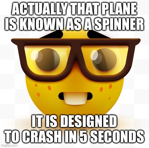 Nerd emoji | ACTUALLY THAT PLANE IS KNOWN AS A SPINNER IT IS DESIGNED TO CRASH IN 5 SECONDS | image tagged in nerd emoji | made w/ Imgflip meme maker