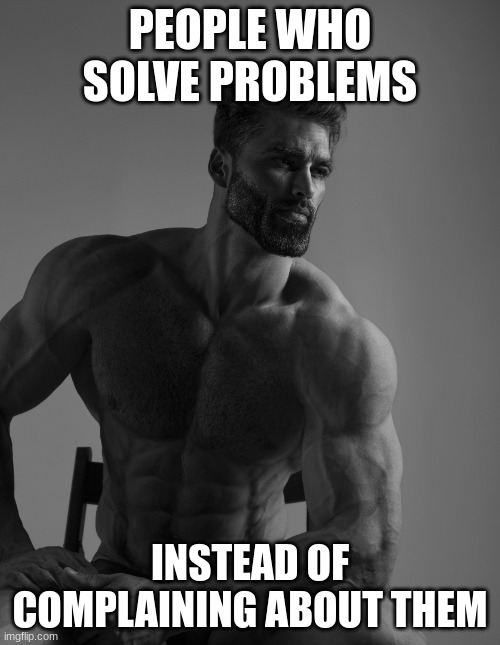 Giga Chad | PEOPLE WHO SOLVE PROBLEMS; INSTEAD OF COMPLAINING ABOUT THEM | image tagged in giga chad | made w/ Imgflip meme maker